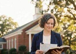 Female Christian wedding officiant holding an open Bible outdoors in Alabama while preparing to officiate a wedding ceremony.