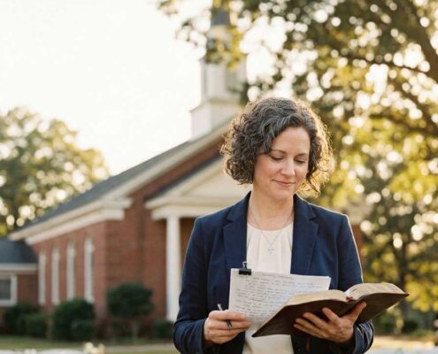 Female Christian wedding officiant holding an open Bible outdoors in Alabama while preparing to officiate a wedding ceremony.