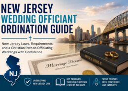 New Jersey wedding officiant ordination guide with New Jersey skyline, marriage license, Bible, wedding rings, and state outline.