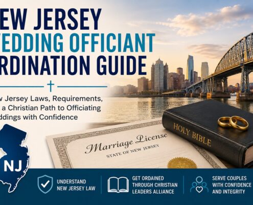 New Jersey wedding officiant ordination guide with New Jersey skyline, marriage license, Bible, wedding rings, and state outline.