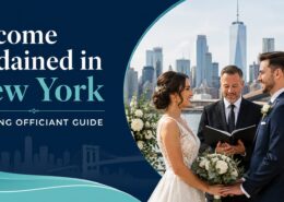 Become Ordained in New York wedding officiant guide with a bride, groom, and officiant overlooking the New York City skyline.