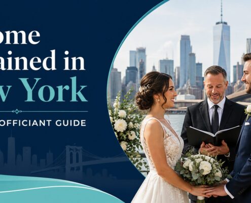 Become Ordained in New York wedding officiant guide with a bride, groom, and officiant overlooking the New York City skyline.