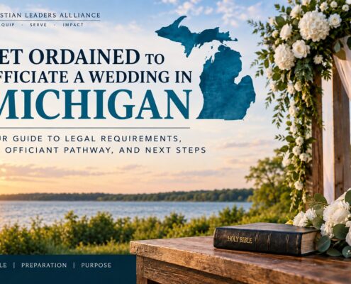 Michigan wedding officiant ordination guide with state silhouette, lakeside wedding arch, flowers, and Bible