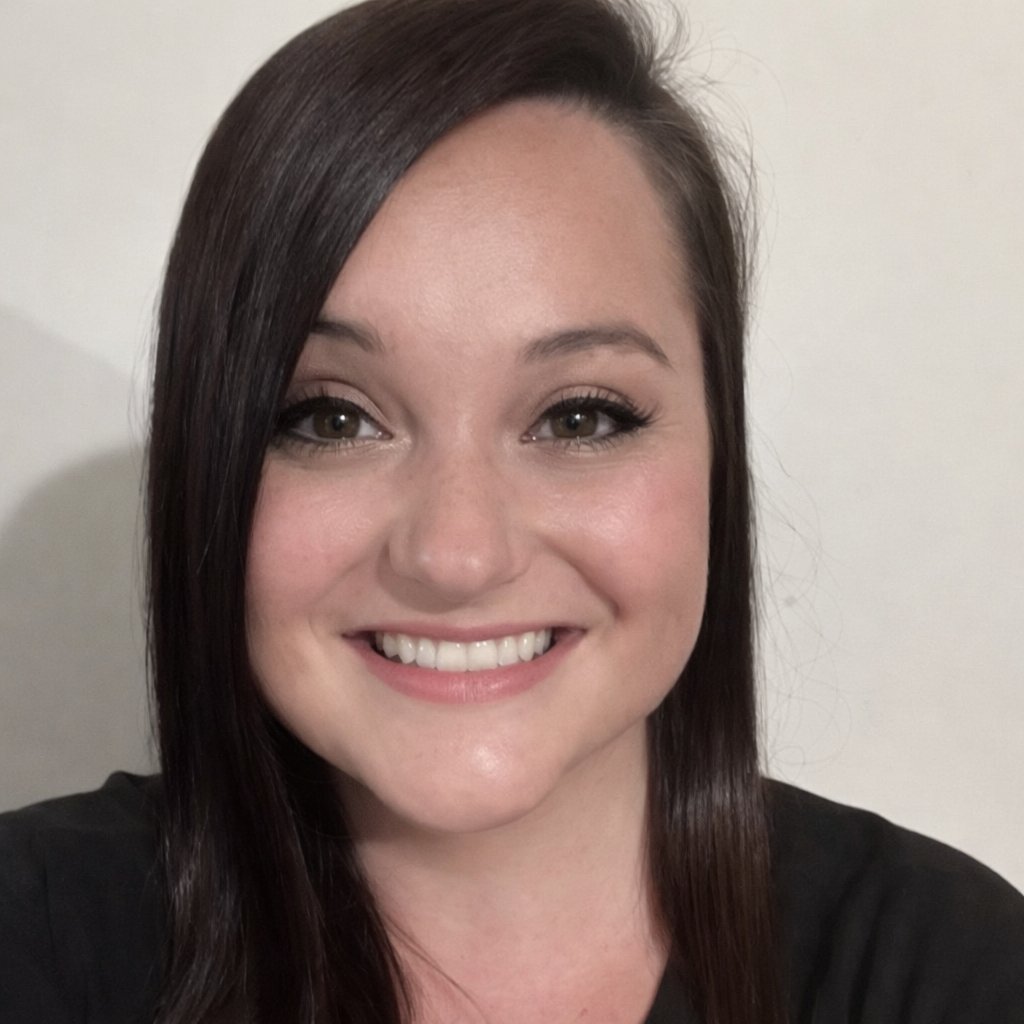 A smiling woman with straight dark hair looks at the camera against a plain background.