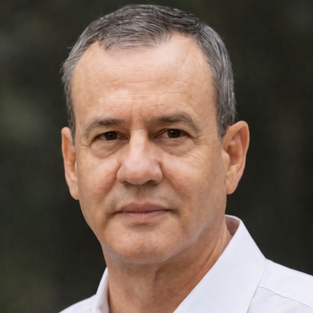 Close-up portrait of a middle-aged man with short gray hair wearing a light-colored collared shirt, looking at the camera against a blurred green background.