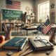 Classroom desk with notebooks, books, and American flag representing public school chaplain partnerships