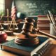 Gavel and school books on a teacher's desk with an American flag, symbolizing public school legislation and education policy