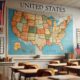 Wall-mounted United States map in a classroom setting representing national public school chaplaincy vision