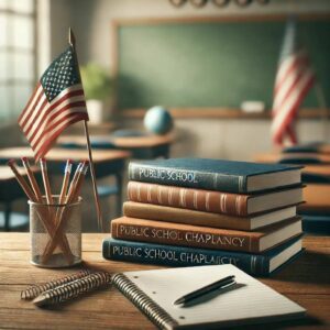 Stack of school books, spiral notebook, and American flag on a classroom desk representing public school chaplaincy