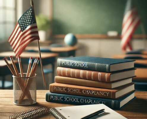Stack of school books, spiral notebook, and American flag on a classroom desk representing public school chaplaincy