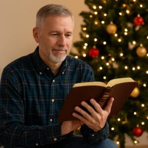 Older man reading a Bible beside a decorated Christmas tree – Volunteer Chaplains Bring Hope at Christmas