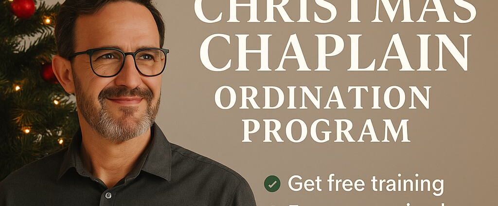 Promotional image for the Christmas Chaplain Ordination Program with chaplain beside a decorated Christmas tree