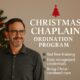 Promotional image for the Christmas Chaplain Ordination Program with chaplain beside a decorated Christmas tree