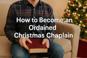 Man holding a Bible with Christmas tree in background – How to Become an Ordained Christmas Chaplain