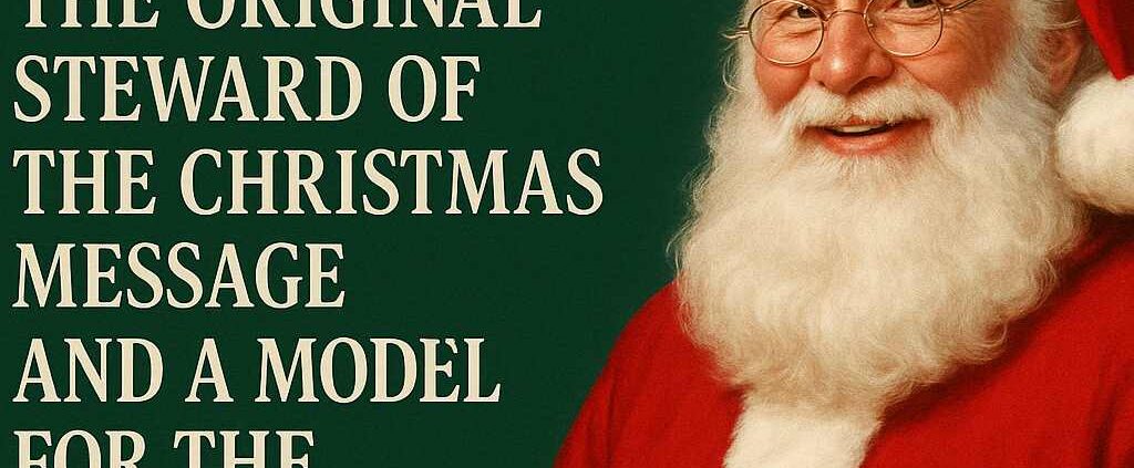 Cheerful Santa Claus smiling in red suit and glasses beside the article title Sinterklaas: The Original Steward of the Christmas Message and a Model for the Christmas Chaplain.