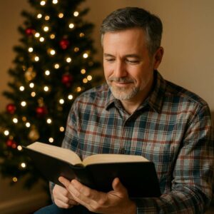 Middle-aged man reading a plain book beside a decorated Christmas tree – What Does a Christmas Chaplain Do