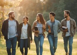 Diverse Christian men and women walking together outdoors, symbolizing the journey of ordination steps and ministry calling.