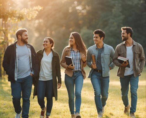Diverse Christian men and women walking together outdoors, symbolizing the journey of ordination steps and ministry calling.