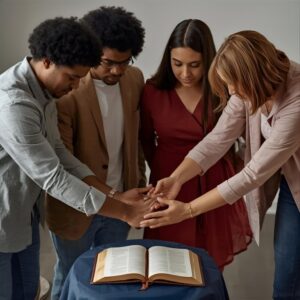 Diverse Christian leaders joining hands in prayer over an open Bible during a local Ecuministry Ordination