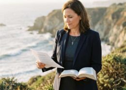 Female Christian wedding officiant in California holding an open Bible and reviewing wedding ceremony notes while preparing for ordained ministry and wedding officiant service.