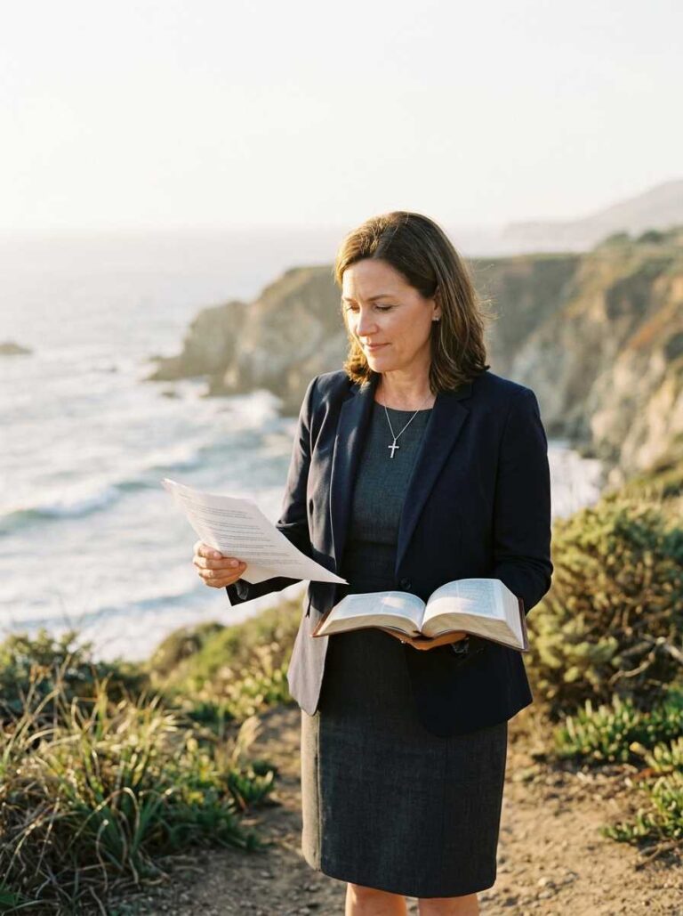 Female Christian wedding officiant in California holding an open Bible and reviewing wedding ceremony notes while preparing for ordained ministry and wedding officiant service.