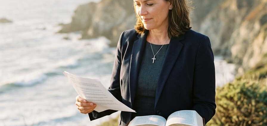 Female Christian wedding officiant in California holding an open Bible and reviewing wedding ceremony notes while preparing for ordained ministry and wedding officiant service.