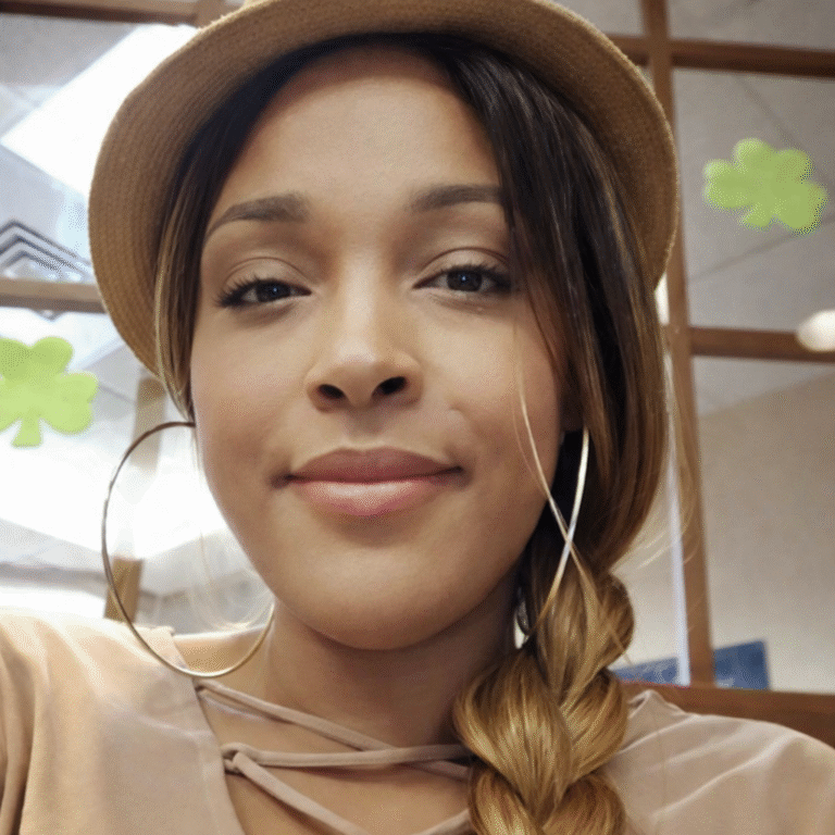 Close-up portrait of a woman wearing a tan hat and large hoop earrings, with her hair styled in a side braid, looking calmly at the camera in an indoor setting.
