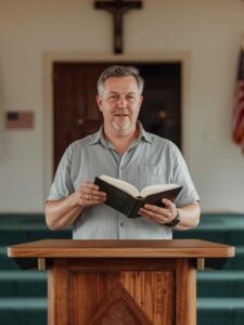 Ordained Christian minister preaching in a church after free online ordination