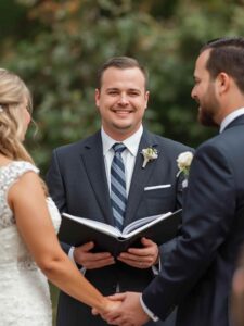 Christian wedding officiant conducting a marriage ceremony after online ordination
