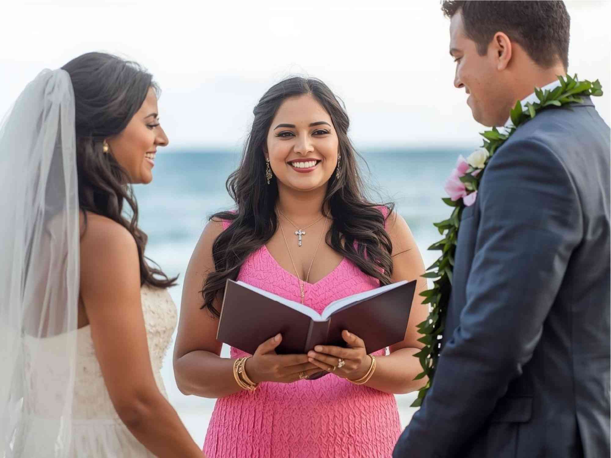 Ordained Christian woman officiant conducting a wedding ceremony by the ocean