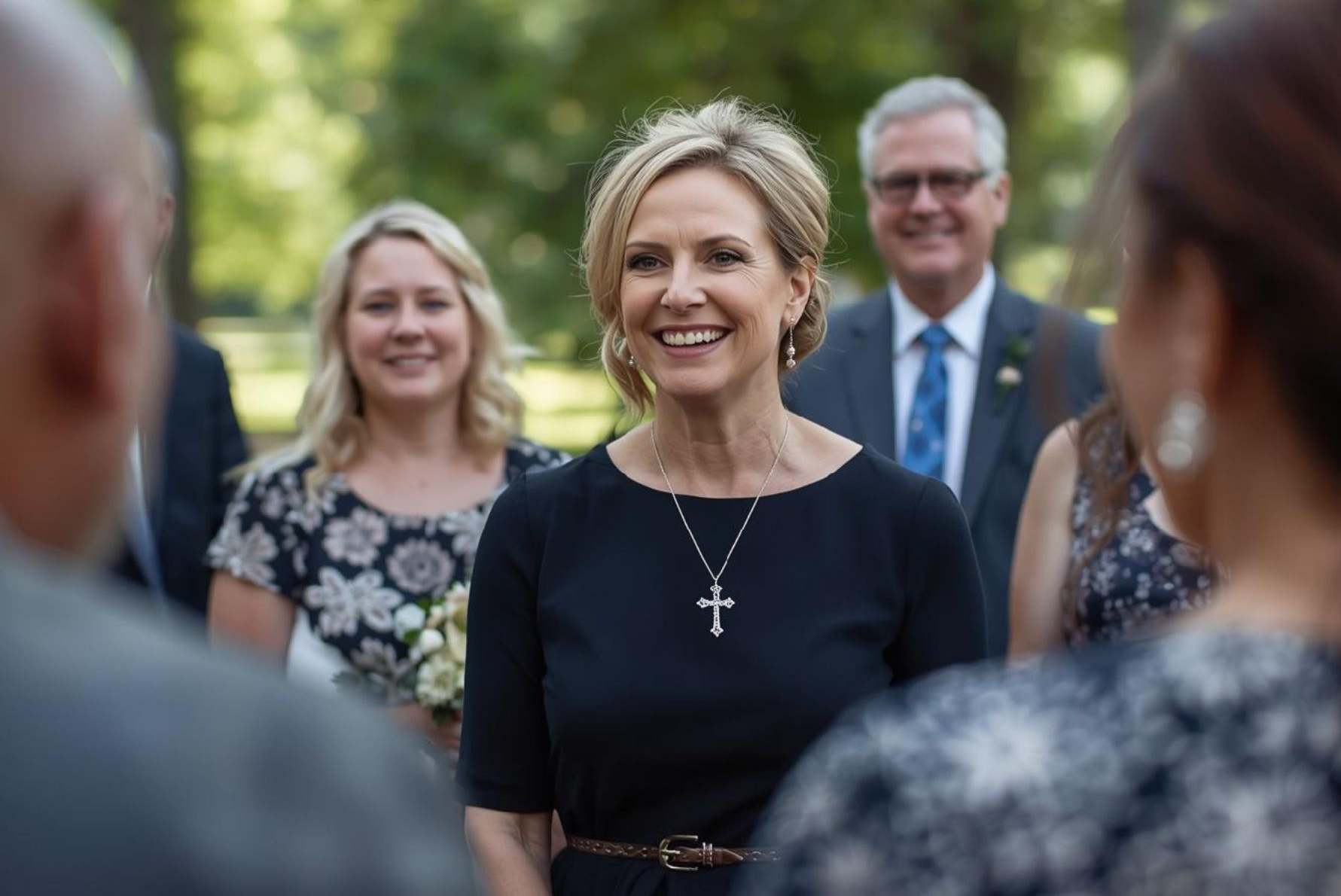 Christian wedding officiant standing before a couple during an outdoor wedding ceremony with gathered guests