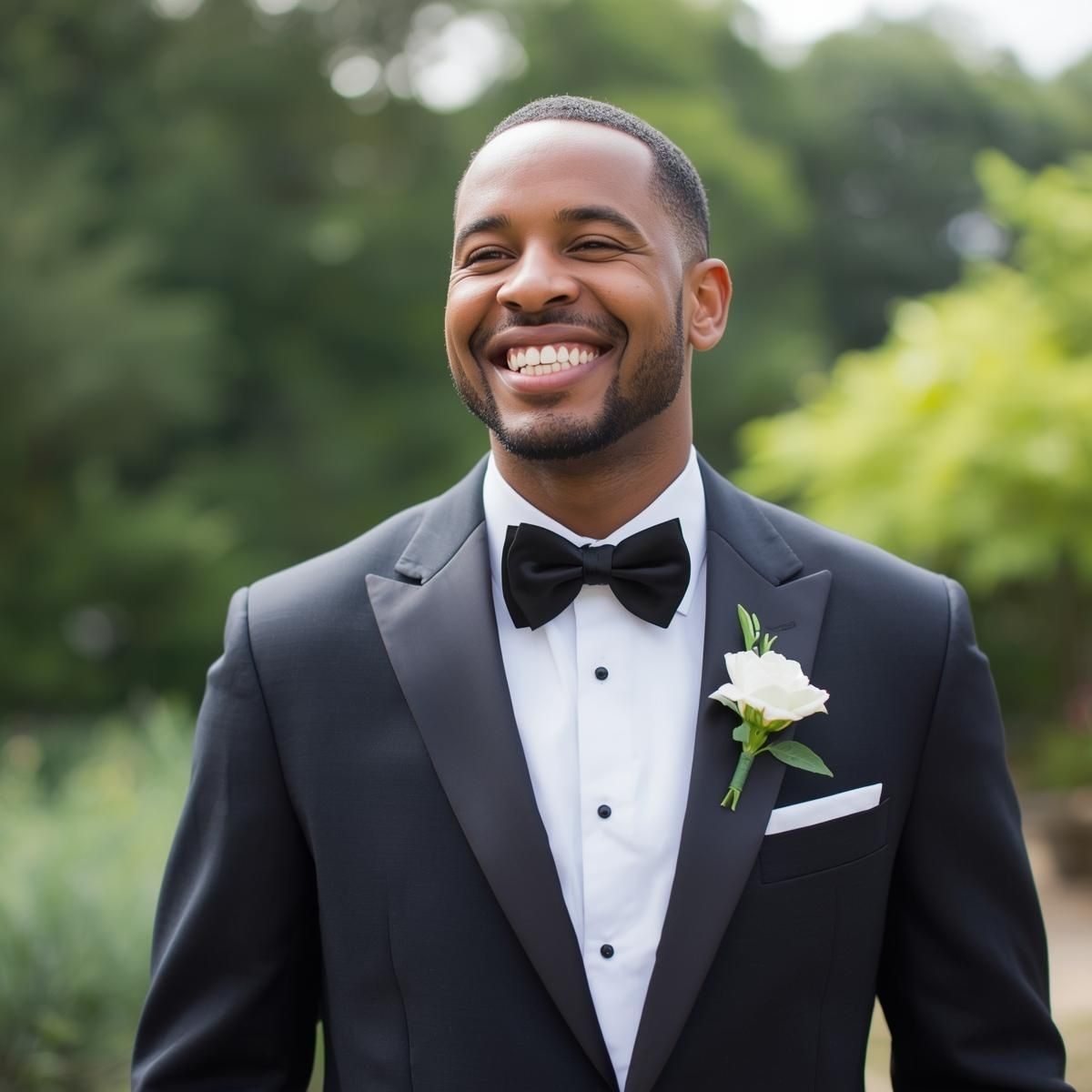 Groom smiling outdoors on his wedding day during a Christian wedding ceremony officiated by a credentialed wedding minister