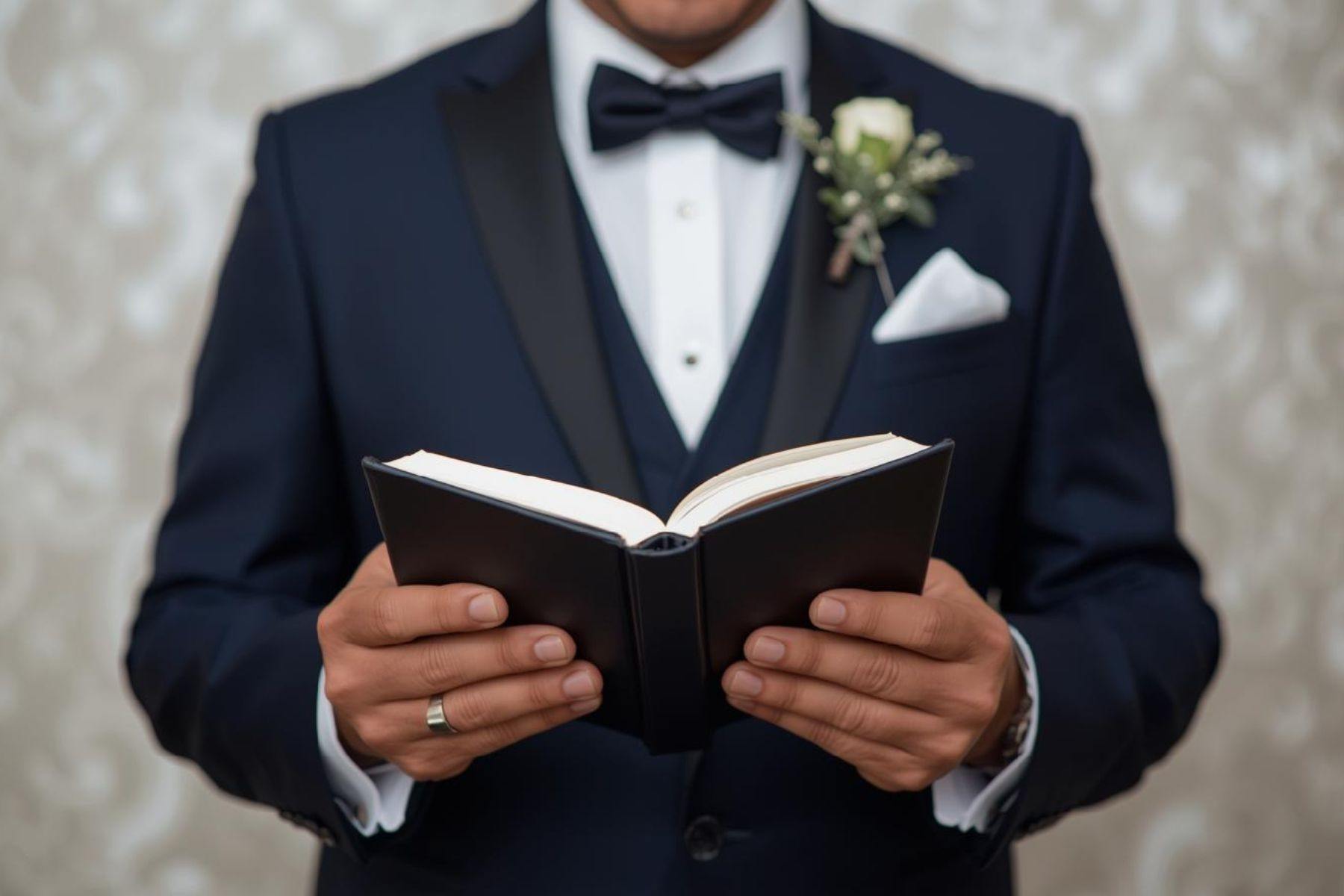 Christian wedding officiant holding an open book while leading a marriage ceremony in formal attire
