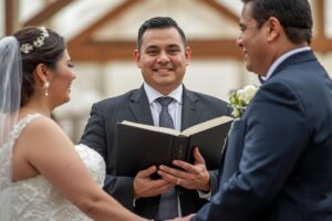 Credentialed Christian wedding officiant leading a marriage ceremony with a bride and groom using Scripture