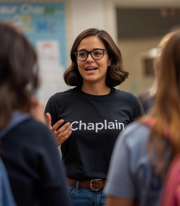 A chaplain wearing a shirt labeled “Chaplain” speaks with a small group indoors.