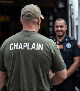 A chaplain wearing a shirt labeled “CHAPLAIN” speaks with a smiling first responder.