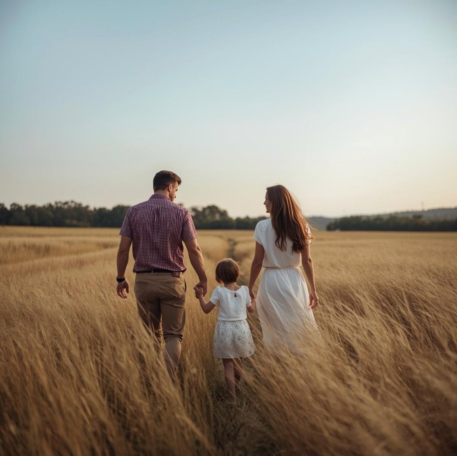 Family walking together through a field at sunset holding hands.