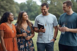 Four young Christian adults wearing cross necklaces talking and smiling together outdoors, one holding a Bible.