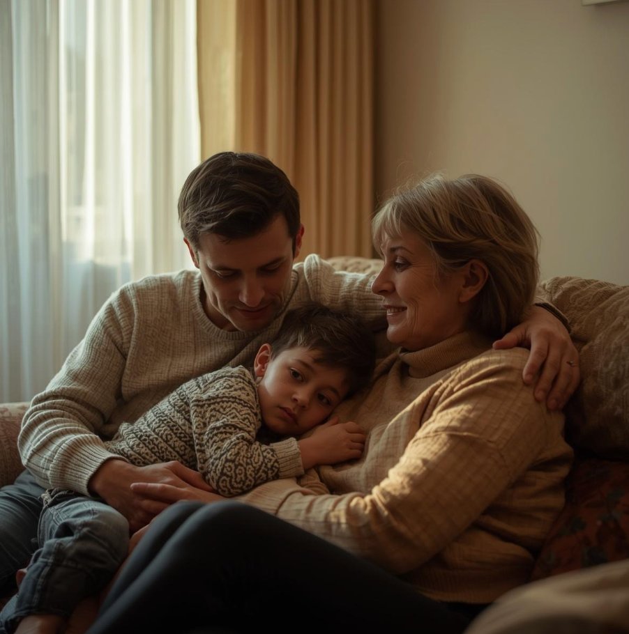 Family comforting a child together on a couch at home.