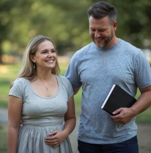 Christian couple wearing cross necklaces smiling outdoors, man holding a Bible.