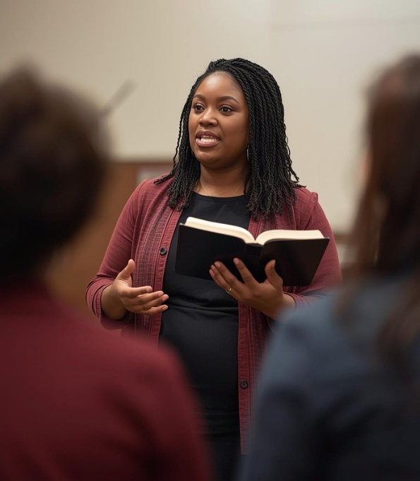 A woman holds an open book while speaking to a small group in an indoor setting.