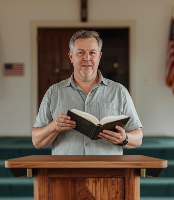 A man stands at a church lectern reading from an open Bible.