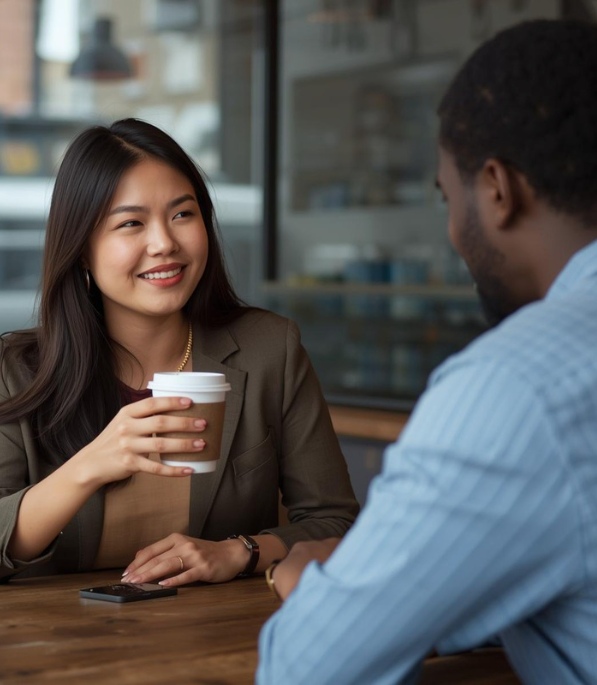 Two people sit at a café table having a conversation while one holds a cup of coffee.