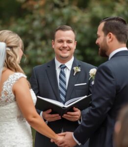 A wedding officiant holds an open book while standing between a bride and groom during a ceremony.