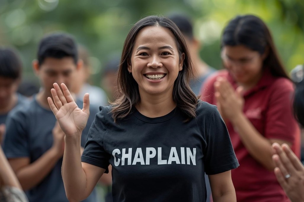 Chaplain ordination candidate greeting people while wearing a chaplain shirt during community ministry