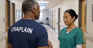 Chaplain offering spiritual support to hospital staff during chaplain ministry service, representing study-based chaplain ordination through Christian Leaders Alliance