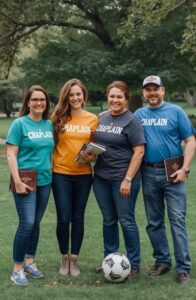 Chaplain ordination candidates wearing chaplain shirts standing together in a park with Bibles during community ministry