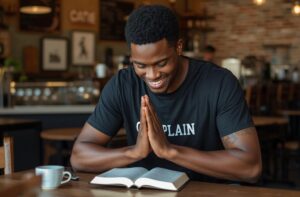 Chaplain ordination candidate praying with an open Bible while preparing for ministry service