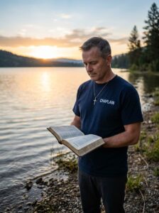 Licensed chaplain wearing navy CHAPLAIN shirt reading Bible by lake at sunrise with cross necklace