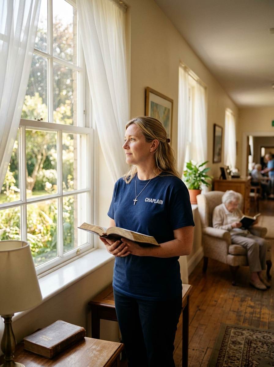 Female chaplain wearing CHAPLAIN shirt holding Bible in nursing home window light
